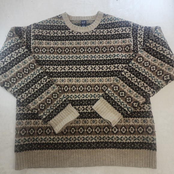 GAP Other - Vintage GAP Lambswool Fair Isle Sweater  Large Brown Tan Crewneck Knit 727‎